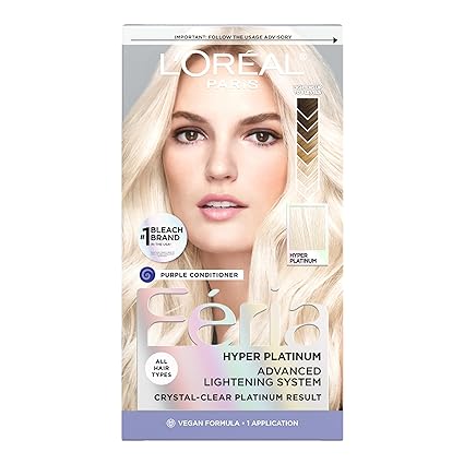 L'Oreal Paris Feria Hyper Platinum Advanced Lightening System Hair Bleach, Lifts Up To 8 Levels, Includes Anti Brass Purple Conditioner, 1 Hair Dye Kit