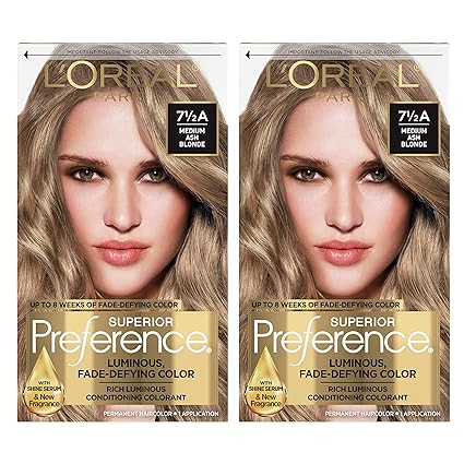 L'Oreal Paris Superior Preference Fade-Defying + Shine Permanent Hair Color, 7.5A Medium Ash Blonde, Pack of 2, Hair Dye